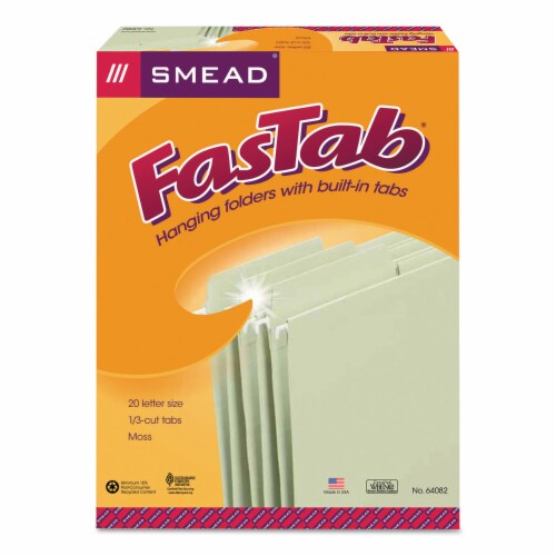 Smead FasTab Hanging File Folders 1/3 Tab Letter Moss Green 20/Box 64082 Perspective: left