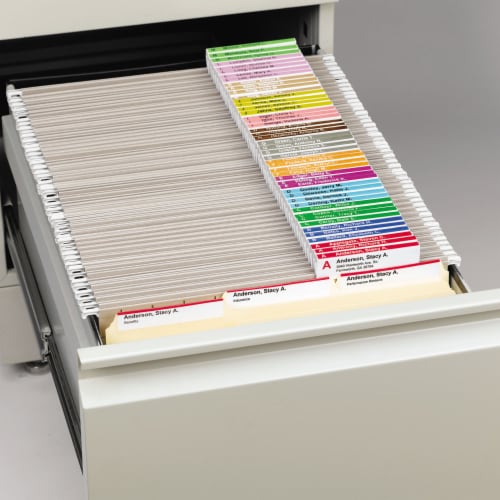 Smead Viewables Hanging Folder Tabs and Labels Refill 3 1/2 Inch Assorted 100/Pack 64910 Perspective: left