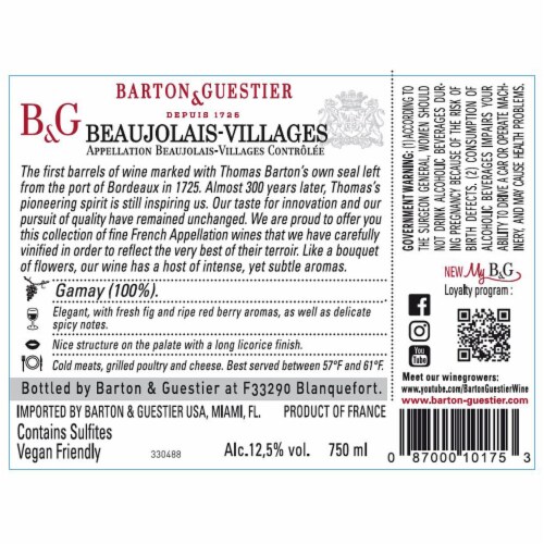 Barton & Guestier Grand Bouquet Gamay French Red Wine Perspective: left