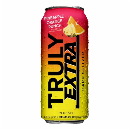 TRULY EXTRA Pineapple Orange Punch Hard Seltzer Single Can Perspective: left