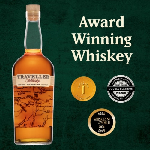 Traveller Whiskey, 90PF, 45% ABV Perspective: left