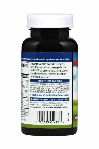 Carlson Solar D Gems Vitamin D3 Plus Omega-3s Natural Lemon Flavor Soft Gels Perspective: left