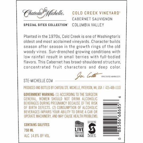 Chateau Ste Michelle Cold Creek Vineyard Cabernet Sauvignon Washington Red Wine Perspective: left