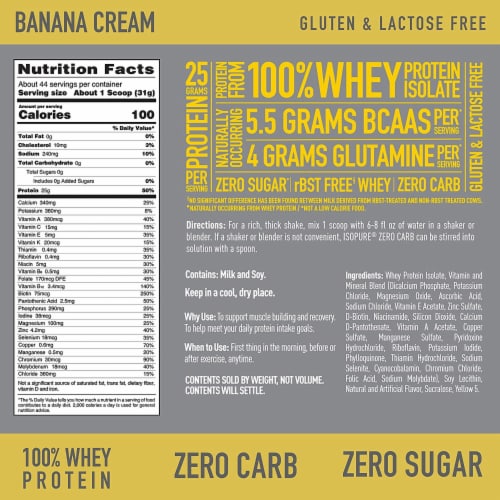Isopure, Zero Carb 100% Whey Protein Isolate, 25g Protein Powder, Banana Cream, 3 lb Perspective: left