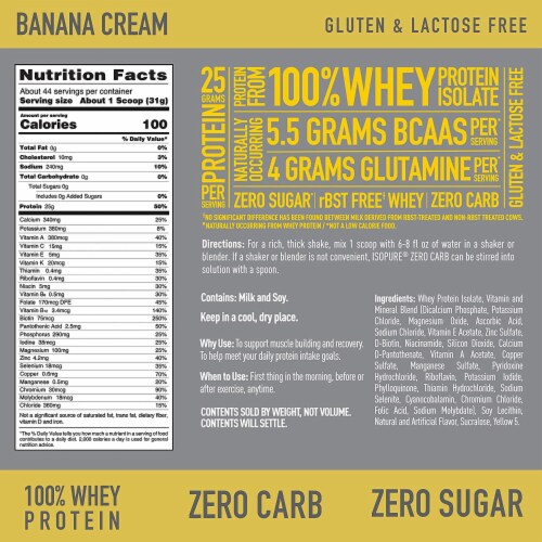 Isopure, Zero Carb 100% Whey Protein Isolate, 25g Protein Powder, Banana Cream, 3 lb Perspective: left