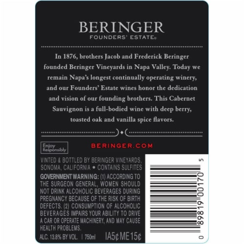 Beringer Founders' Estate Cabernet Sauvignon Red Wine Perspective: left