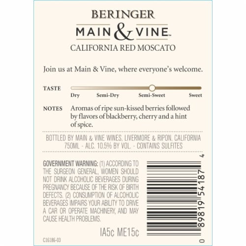 Beringer Main & Vine Red Moscato Chile Wine Perspective: left