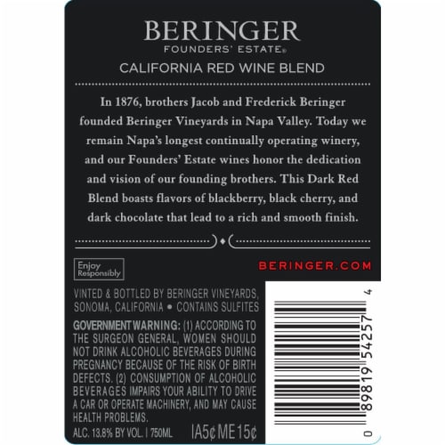 Beringer Founders' Estate Dark Red Blend California Wine Perspective: left