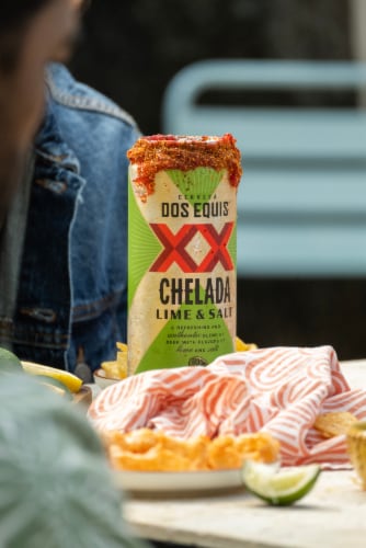 Dos Equis® Lime & Salt Mexican Lager Craft Beer Single Can Perspective: left