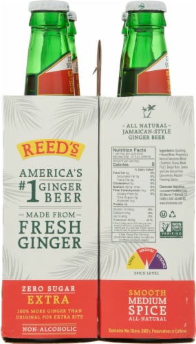 Reed's Zero Sugar Craft Ginger Beer Soda Bottles Perspective: left