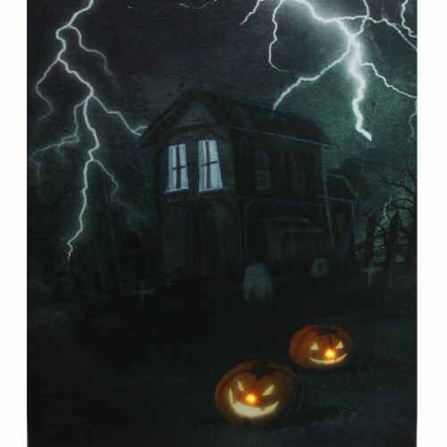 Northlight Black and Orange LED Lighted Halloween Haunted House with Jack-O'-Lanterns Wall Perspective: left
