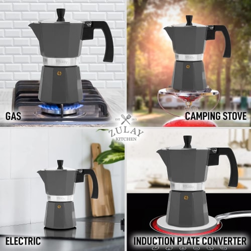 Zulay Kitchen Classic Stovetop Italian Style Espresso Maker 2020 Model - Dark Grey Perspective: left