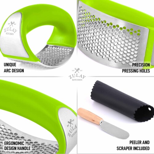 Zulay Kitchen Garlic Press Rocker With Silicone Peeler & Scraper Set - Green Perspective: left