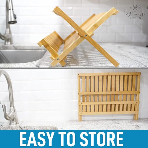 Zulay Kitchen Foldable Bamboo Dish Drying Rack - 2-Tier Perspective: left