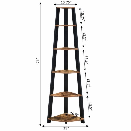 Newport Five-Tier Corner Bookshelf in Nutmeg Wood Finish with Black Wood Frame Perspective: left