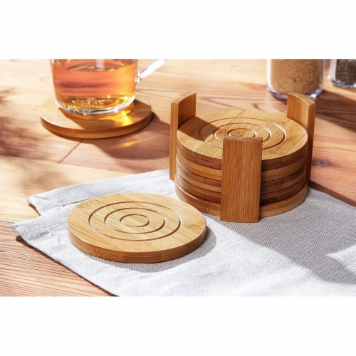 Juvale 6-Pack Round Bamboo Coasters Set with Holder -  Tan, 4.3 Inches Perspective: left
