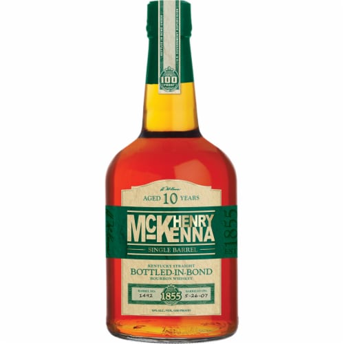 Henry McKenna Aged 10 Years Single Barrel Bottled in Bond Kentucky Straight Bourbon Whiskey Perspective: left