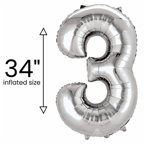 SILVER NUMBER 3 Helium Filled Balloon - 34 inches BIG Perspective: left