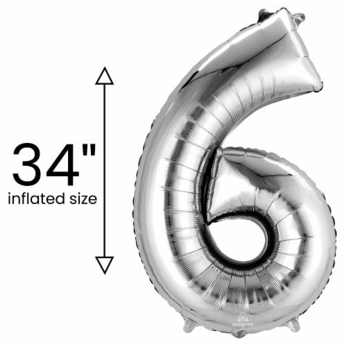 SILVER NUMBER 6 Helium Filled Balloon - 34 inches BIG Perspective: left