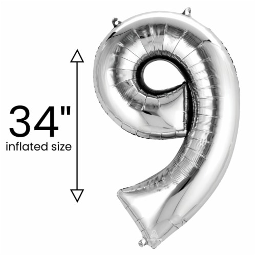 SILVER NUMBER 9 Helium Filled Balloon - 34 inches BIG Perspective: left