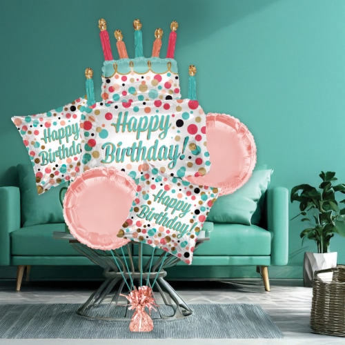 Happy Birthday Cake Helium Filled Balloon Bouquet Perspective: left