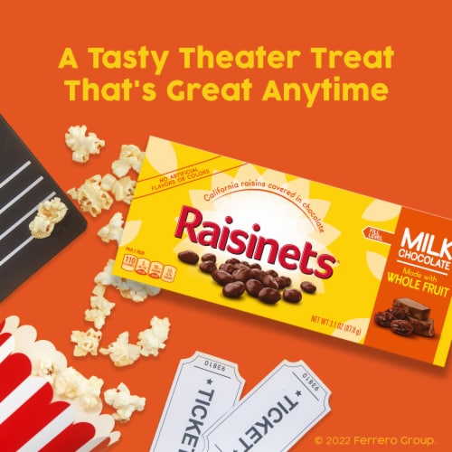 Raisinets Milk-Chocolate-Covered California Raisins, 3.1 oz, Movie Theater Candy Box Perspective: left