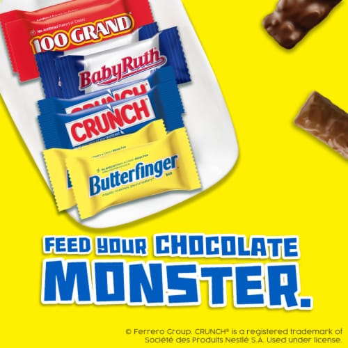 Butterfinger CRUNCH Baby Ruth and 100 Grand Assorted Mini and Fun Size Candy Bars Halloween Candy Perspective: left