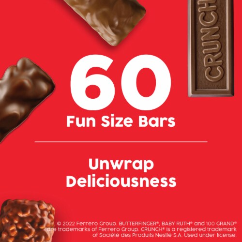 Butterfinger, CRUNCH, Baby Ruth and 100 Grand, Bulk 60 Pack, Assorted Fun Size Chocolate Candy Bars Perspective: left