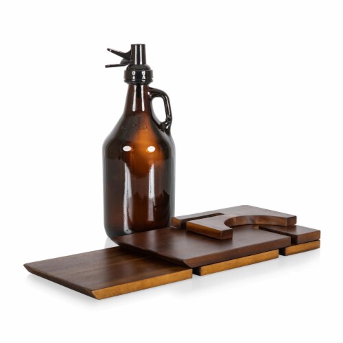Growler Stand with 64oz Glass Growler, Acacia Wood Perspective: left