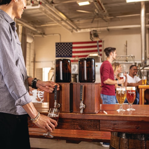 Growler Tap with 64 oz. Glass Growler, Acacia Wood Perspective: left