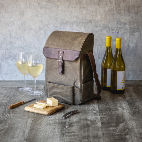 2 Bottle Insulated Wine & Cheese Cooler with Cheese Board, Knife & Corkscrew, Khaki Green Perspective: left
