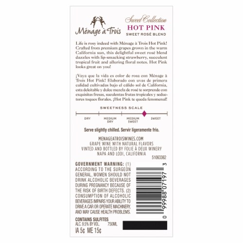 Ménage à Trois Hot Pink Rose California Pink Wine 750 ml Perspective: left