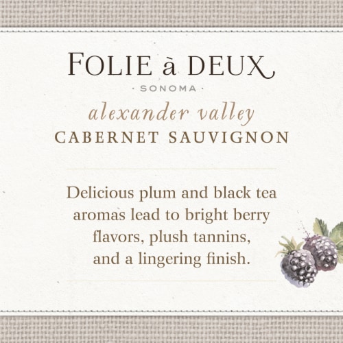 Folie a Deux Alexander Valley Cabernet Sauvignon California Red Wine 750 ml Perspective: left