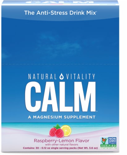 Natural Vitality CALM Raspberry Lemon Magnesium Supplement Drink Mix Perspective: left