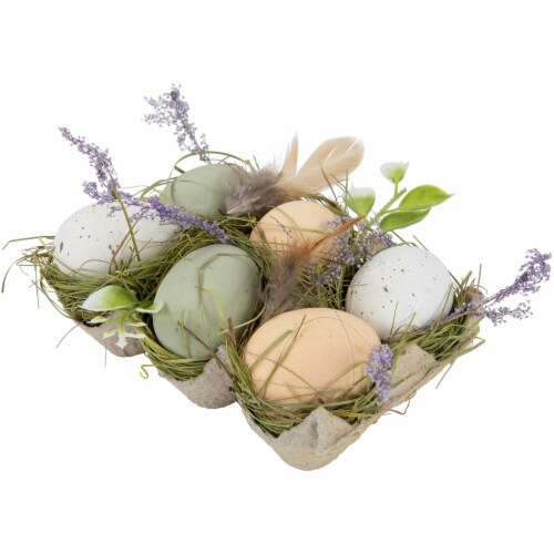 Northlight Pack of 6 Assorted Easter Eggs with Carton and Grass Decoration Perspective: left