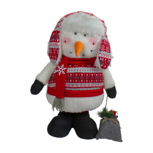 Northlight 33-Inch Red, White, and Gray Plush Christmas Snowman with Telescopic Legs Perspective: left