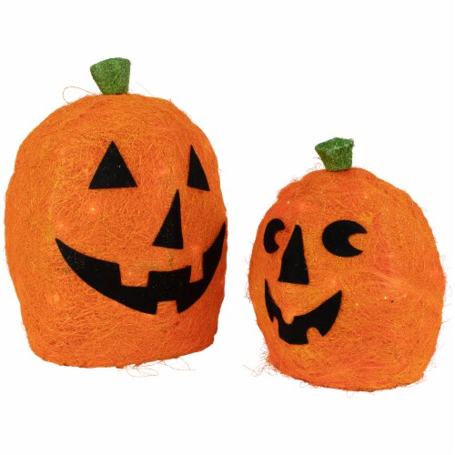 Northlight Set of 2 Spooky Town Lighted Sisal Jack O' Lanterns Outdoor Halloween Decorations Perspective: left