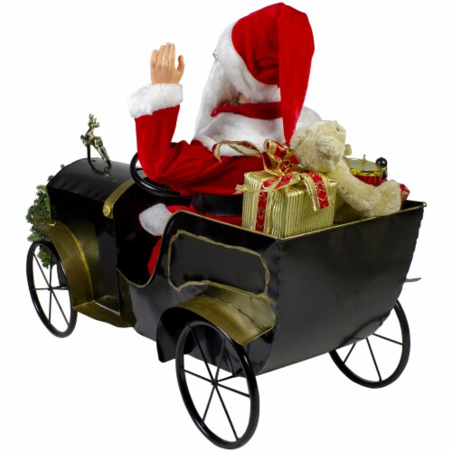 Northlight 33 Santa Delivering Presents in a Black and Gold Vintage Car Christmas Decoration Perspective: left