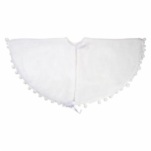 Northlight 36 White Christmas Tree Skirt With a Pom Pom Border and Tie Backs Perspective: left