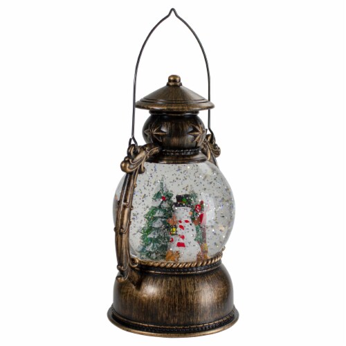 Northlight 8-Inch Black with Brushed Gold LED Snowman and Christmas Trees Snow Globe Lantern Perspective: left