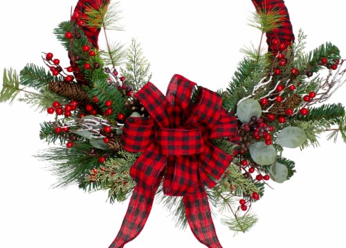 Northlight Red and Black Buffalo Plaid and Berry Artificial Christmas Wreath - 24-Inch, Unlit Perspective: left