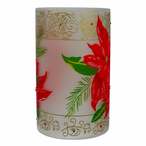 Northlight 10 Hand-Painted Red Poinsettias and Gold Flameless Glass Christmas Candle Holder Perspective: left