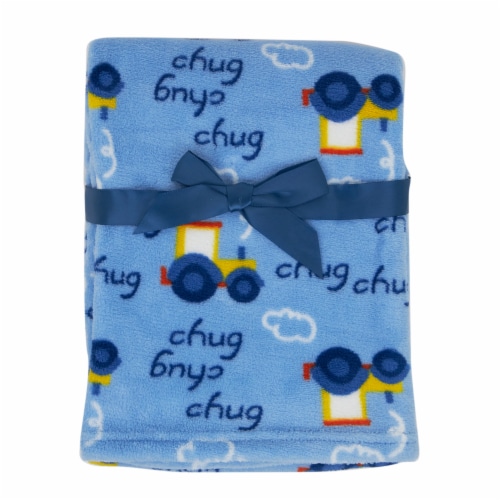 Cutie Pie Tractor Print Plush Baby Blanket - Blue Perspective: left