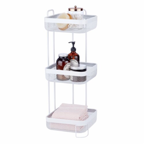 mDesign Vertical Standing Bathroom Shelving Unit Tower with 3 Baskets, White Perspective: left