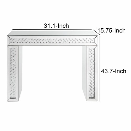 Mirror Accented Wood And Glass Vanity Desk With Faux Crystal Inlay, Silver Perspective: left