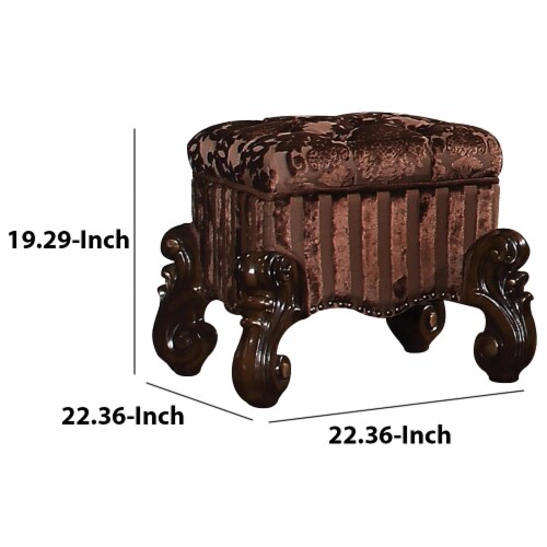 Tufted Fabric Upholstered Wooden Vanity Stool With Scrolled Legs, Cherry Oak Brown Perspective: left