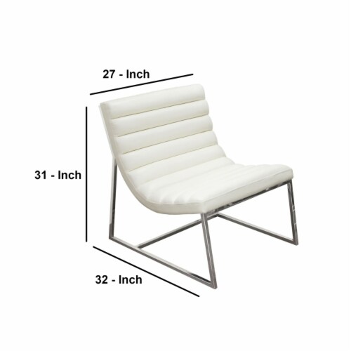 Leather Upholstered Lounge Chair with Channel Tufting Details  and Steel Frame, White  and Perspective: left