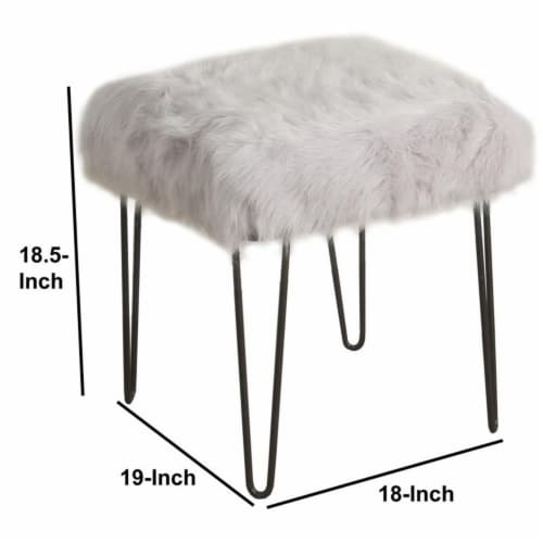 Benjara 18.5  Transitional Faux Fur and Metal Stool in Gray and Black Perspective: left