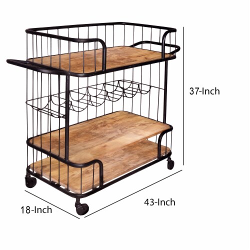 Metal Frame Bar Cart with Wooden Top and 2 Shelves, Black and Brown Perspective: left