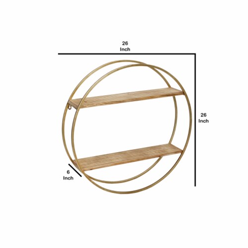 Wood and Metal Wall Shelf with 2 Open Shelves, Brown and Gold- Saltoro Sherpi Perspective: left